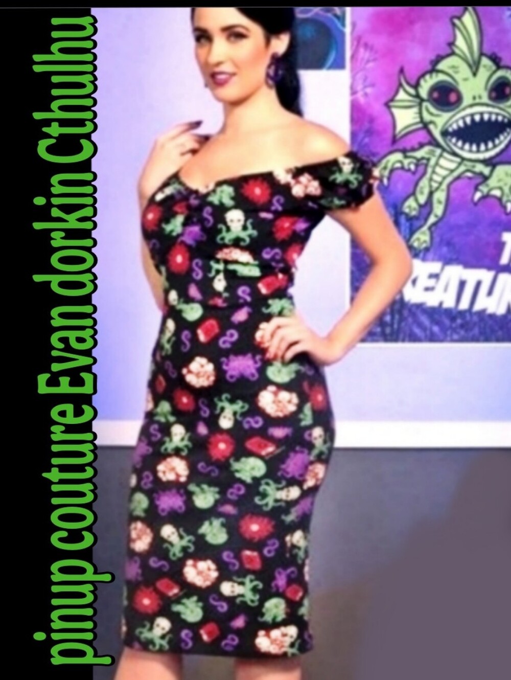 Rare Retired Pinup Couture PUG Black Bodycon Dress Evan Dorkin Cthulhu Print